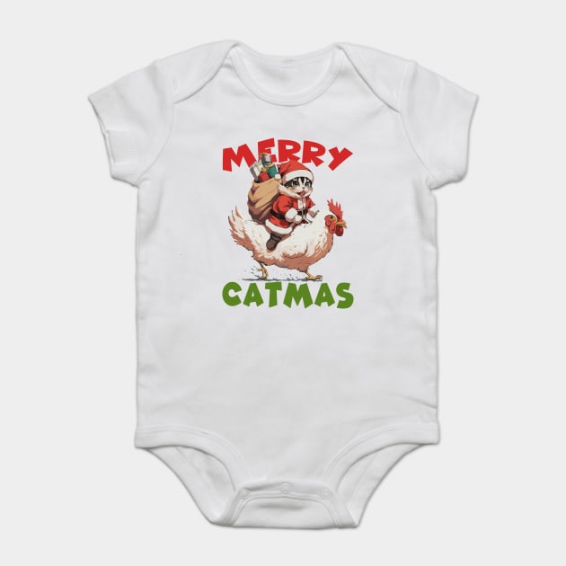 Merry Catmas - 4, Funny Cute Cat on a Chicken Baby Bodysuit by Megadorim